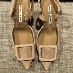 Manolo Blahnik Maysli Suede Buckle Halter Pumps, nude
